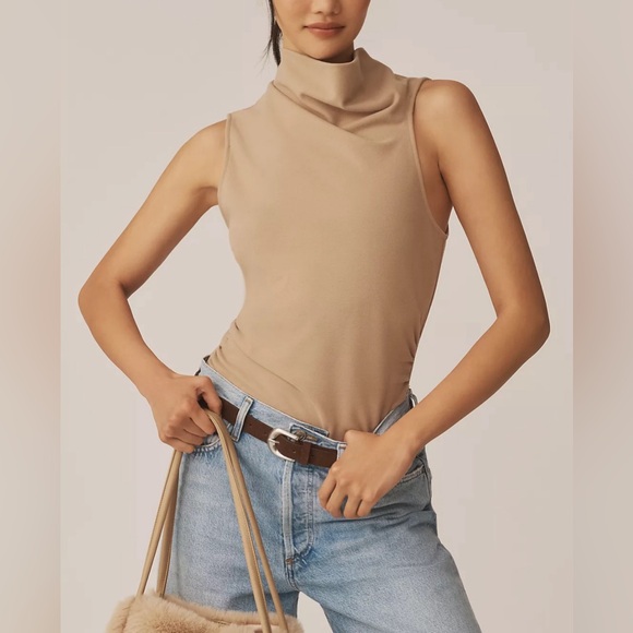 Anthropologie Tops - Anthropologie Sleeveless Cowl Neck Ruched Side Tank Top Taupe Textured Knit S